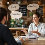 Communiquer sans storytelling ?! L’erreur stratégique des PME (même les plus sérieuses) 1 2 personnes (une femme et un homme échnagent sur les marqueurs d'un bon storytelling